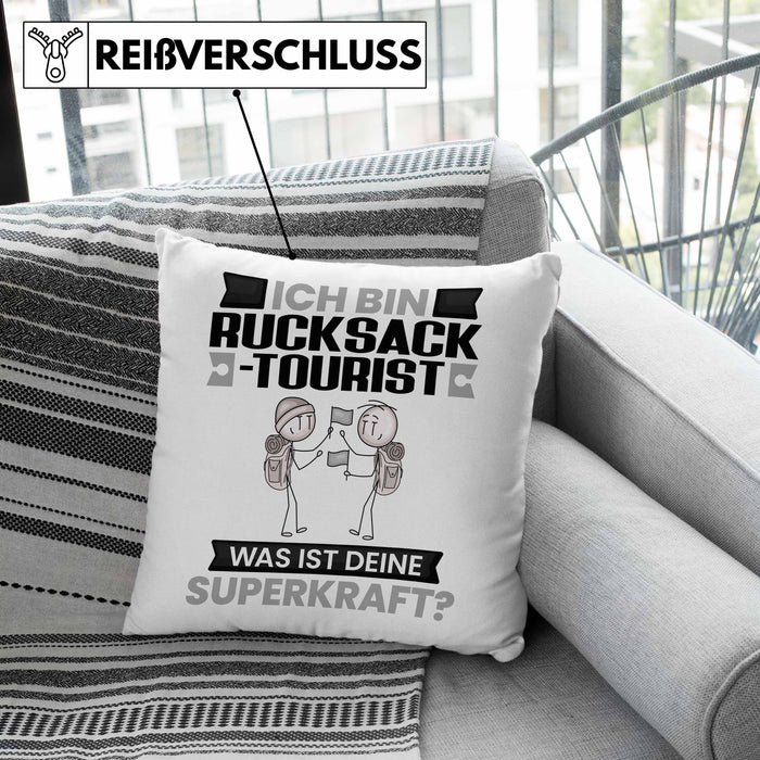 Rucksacktourist Kissen mit Füllung 40x40 Geschenk für Rucksacktourist Geburtstag Lustiger Spruch Was Ist Deine Superkraft (Grau) Rosa Trendation