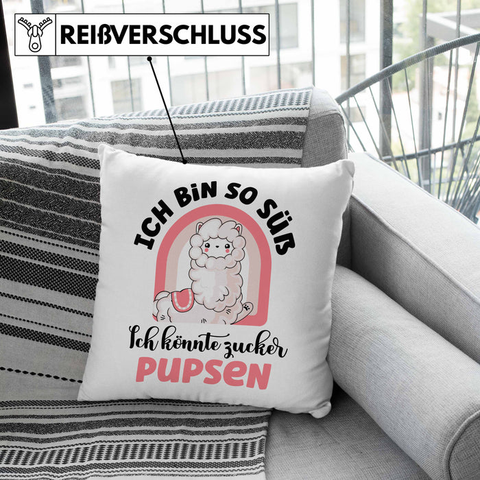 Geschenk für beste Freundin Kissen mit Füllung 40x40 Alpaka Llama Kissen mit Füllung 40x40 mit Spruch Ich Bin So Süß Ich Könnte Zucker Pupsen Geschenkidee für Frauen (Grau) Grün Trendation
