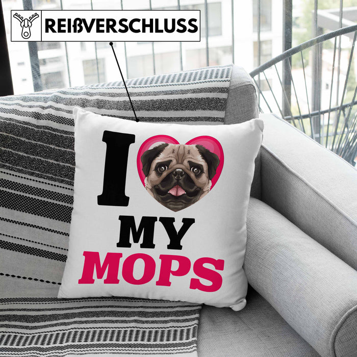 Mops Besitzerin Kissen mit Füllung 40x40 Geschenk Lustiger Spruch Geschenkidee I Love My Mops (Grau) Rosa Trendation
