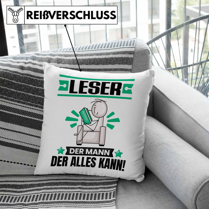 Leser Kissen mit Füllung 40x40 Geschenk für Leser Der Mann Der Alles Kann Geschenkidee zum Geburtstag (Grau) Blau Trendation
