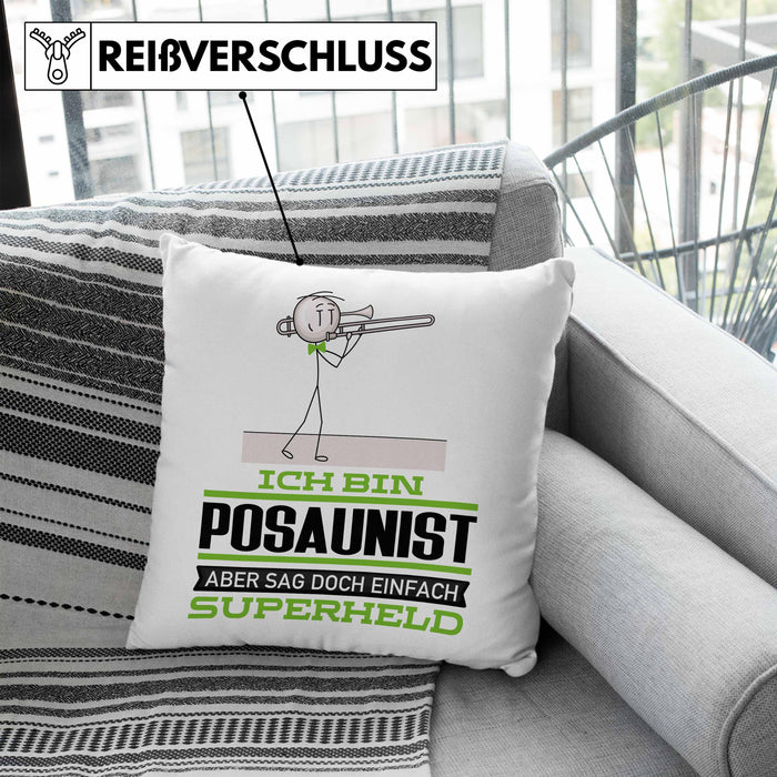 Posaunist Geschenk Kissen mit Füllung 40x40 Ich Bin Posaunist Aber Sag Doch Einfach Superheld Lustige Geschenkdiee für Posaunist (Grau) Blau Trendation