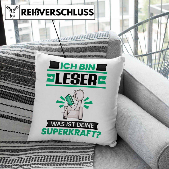 Leser Kissen mit Füllung 40x40 Geschenk für Leser Geburtstag Lustiger Spruch Was Ist Deine Superkraft (Grau) Grau Trendation