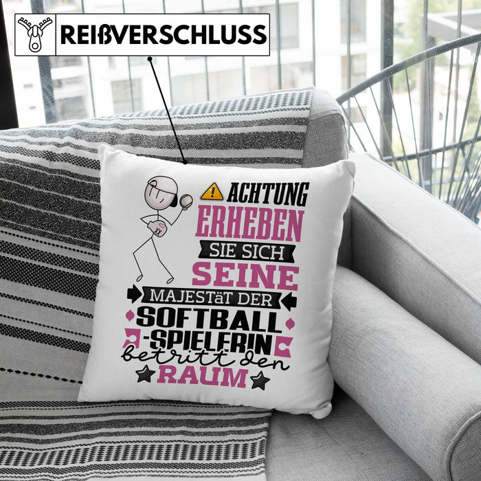 Softballspielerin Geschenk Kissen mit Füllung 40x40 Lustiger Spruch Erheben Sie Sich Der Softballspielerin Betritt den Raum (Grau) Rosa Trendation