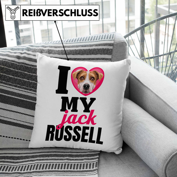 Jack Russell Besitzerin Kissen mit Füllung 40x40 Geschenk Lustiger Spruch Geschenkidee I Love My Jack Russell (Grau) Grau Trendation