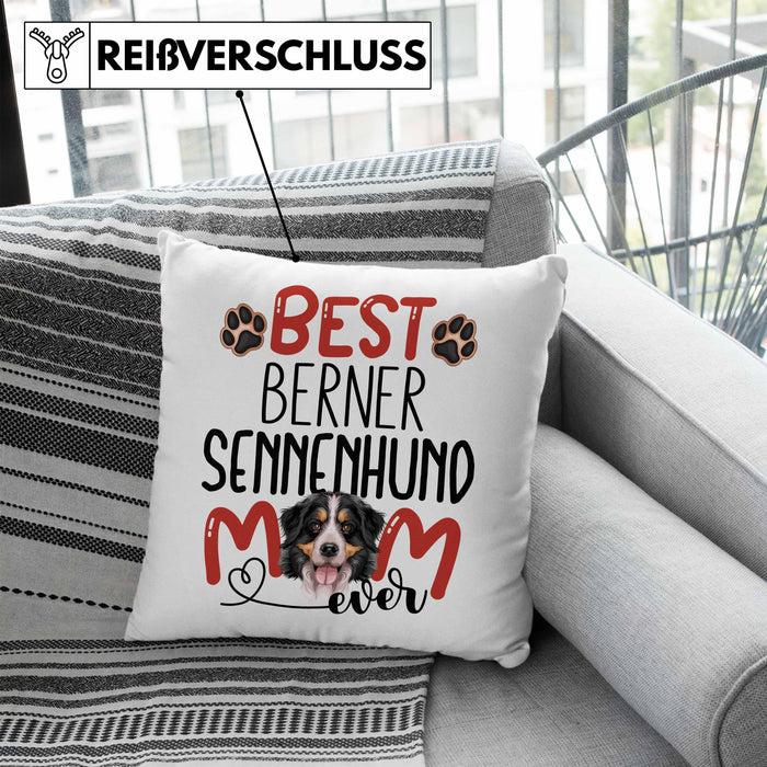 Berner Sennenhund Mom Besitzerin Kissen mit Füllung 40x40 Geschenk Lustiger Spruch Geschenkidee Besitzerin Berner Sennenhund Mama (Grau) Blau Trendation