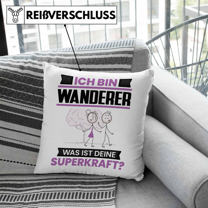 Wandern Kissen mit Füllung 40x40 Geschenk für Wandern Geburtstag Lustiger Spruch Was Ist Deine Superkraft (Grau) Blau Trendation
