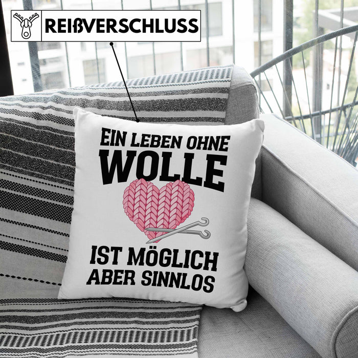 Häkeln Zubehör Kissen mit Füllung 40x40 Geschenk Stricken Geschenke Häkel Oma Mama Ein Leben Ohne Wolle (Grau) Grün Trendation