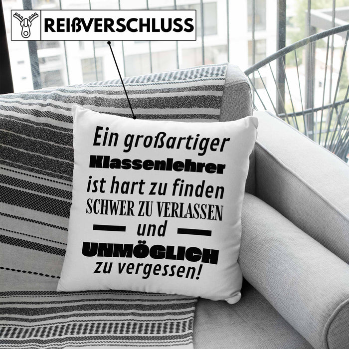 Klassenlehrer Abschied Geschenk Kissen mit Füllung 40x40 Abschiedsgeschenk für Klassenlehrer Hart Zu Finden Schwer Zu Verlassen (Grau) Blau Trendation