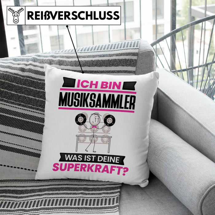 Musiksammler Kissen mit Füllung 40x40 Geschenk für Musiksammler Geburtstag Lustiger Spruch Was Ist Deine Superkraft (Grau) Blau Trendation