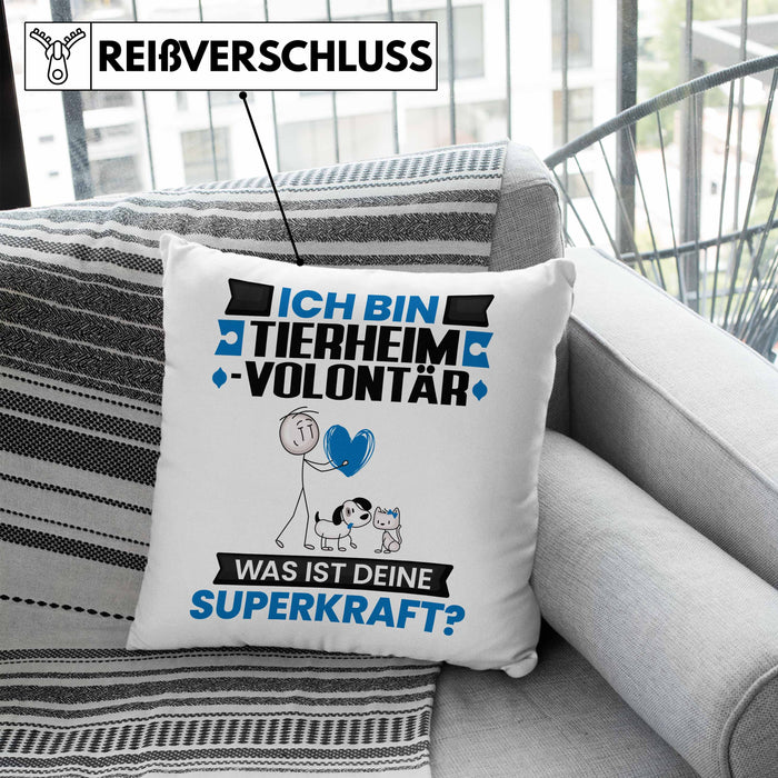 Tierheimvolontär Kissen mit Füllung 40x40 Geschenk für Tierheimvolontär Geburtstag Lustiger Spruch Was Ist Deine Superkraft (Grau) Blau Trendation