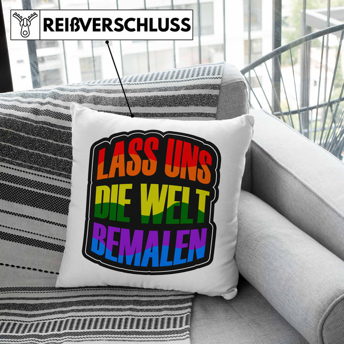 Geschenkidee LGBT Kissen mit Füllung 40x40 "Lass uns die Welt Bemalen" Regenbogenfarben (Grau) Grün Trendation