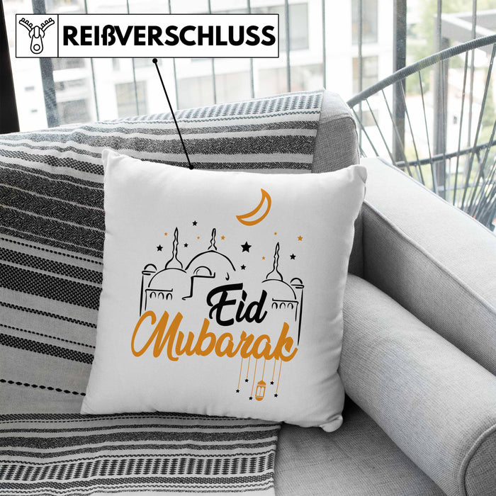 Eid Mubarak Kissen mit Füllung 40x40 Geschenk Muslime Geschenkidee Sprüche für Muslimische Menschen (Grau) Blau Trendation