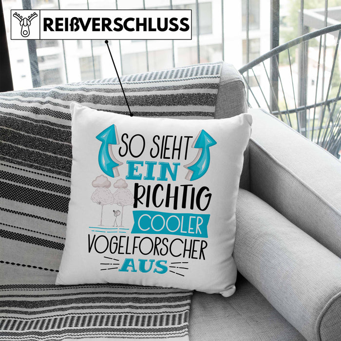 Vogelforscher Kissen mit Füllung 40x40 So Sieht Ein Richtig Cooler Vogelforscher Aus Geschenk Lustiger Spruch Geschenkidee (Grau) Blau Trendation
