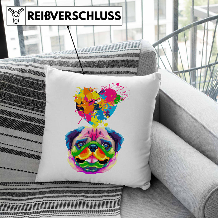 Mops Herz Farbe Besitzer Kissen mit Füllung 40x40 Geschenk Lustiger Spruch Geschenkidee Mops Liebhaber (Grau) Rosa Trendation