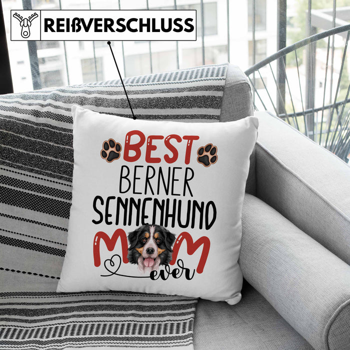 Berner Sennenhund Mom Besitzerin Kissen mit Füllung 40x40 Geschenk Lustiger Spruch Geschenkidee Besitzerin Berner Sennenhund Mama (Grau) Grau Trendation