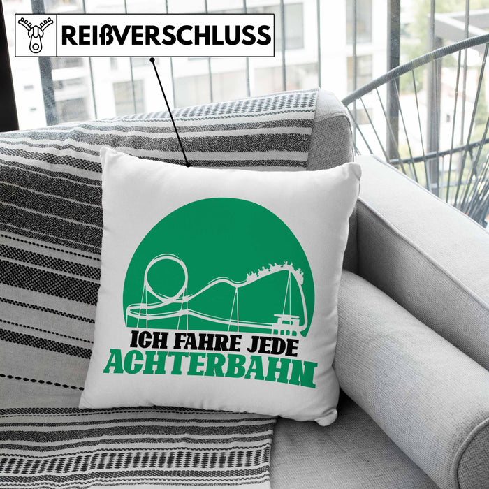 Vergnügungspark Kissen mit Füllung 40x40 Geschenk Lustiger Spruch Ich Fahre Jede Achterbahn Geschenkidee Geburtstag (Grau) Grün Trendation