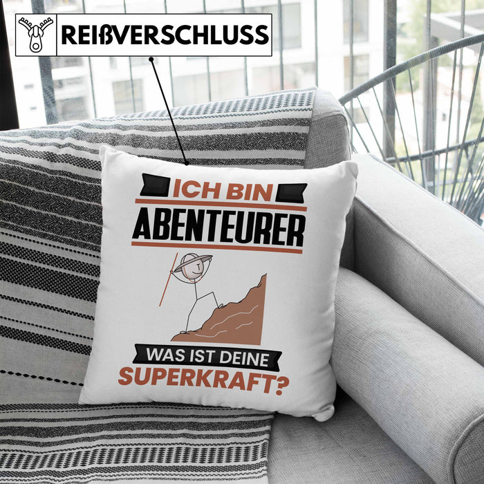 Abenteurer Kissen mit Füllung 40x40 Geschenk für Abenteurer Geburtstag Lustiger Spruch Was Ist Deine Superkraft (Grau) Blau Trendation
