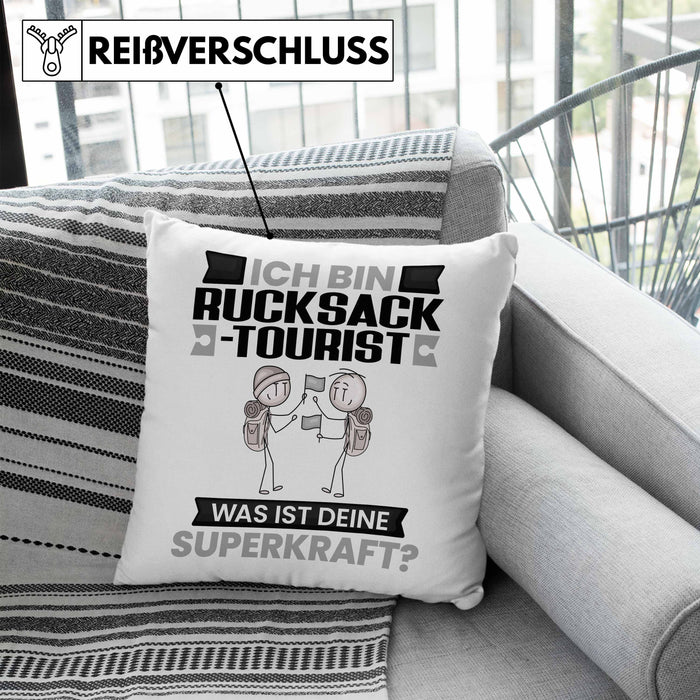 Rucksacktourist Kissen mit Füllung 40x40 Geschenk für Rucksacktourist Geburtstag Lustiger Spruch Was Ist Deine Superkraft (Grau) Blau Trendation