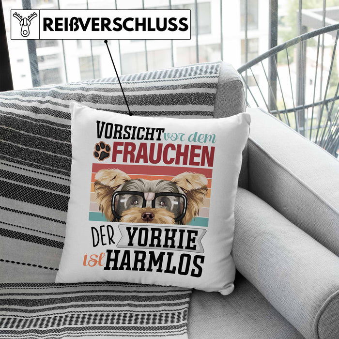 Yorkie Besitzerin Frauchen Kissen mit Füllung 40x40 Geschenk Lustiger Spruch Geschenkidee Vorsicht Vor Dem Frauchen (Grau) Blau Trendation