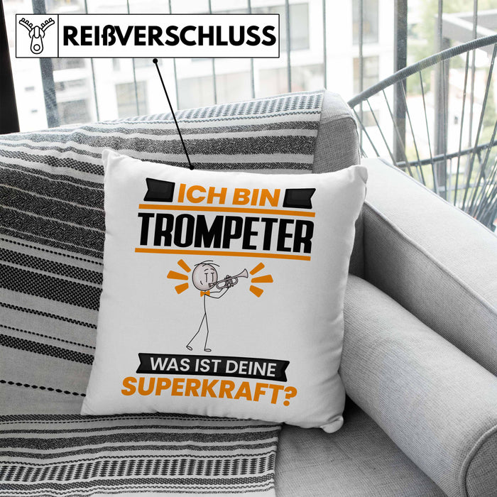 Trompeter Kissen mit Füllung 40x40 Geschenk für Trompeter Geburtstag Lustiger Spruch Was Ist Deine Superkraft (Grau) Blau Trendation
