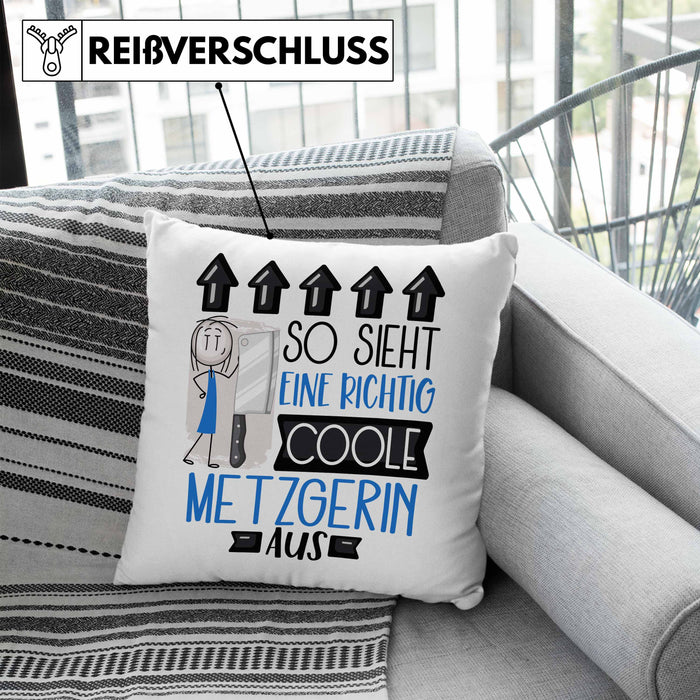 Metzgerin Geschenk Kissen mit Füllung 40x40 Geschenkidee für Metzgerin Geburtstag Weihnachten Spruch So Sieht Eine Richtig Coole Metzgerin Aus (Grau) Blau Trendation