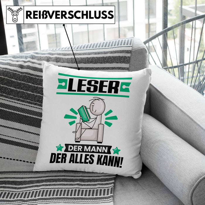 Leser Kissen mit Füllung 40x40 Geschenk für Leser Der Mann Der Alles Kann Geschenkidee zum Geburtstag (Grau) Grün Trendation