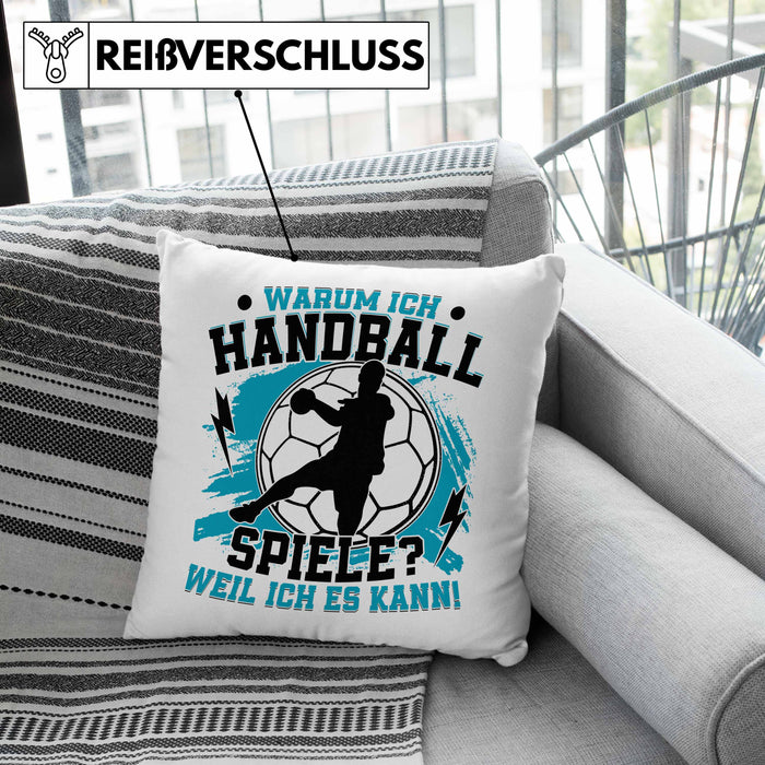 Handball Geschenk Kissen mit Füllung 40x40 Geschenkidee Handball-Spieler Handballspielerin Mädchen Jungs Warum Ich Handball Spiele? (Grau) Rosa Trendation