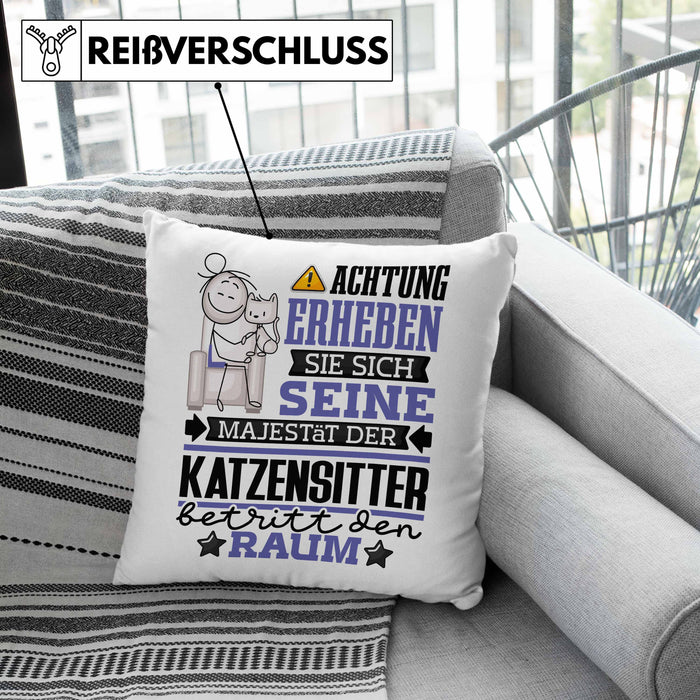 Katzensitter Geschenk Kissen mit Füllung 40x40 Lustiger Spruch Erheben Sie Sich Der Katzensitter Betritt den Raum (Grau) Grün Trendation