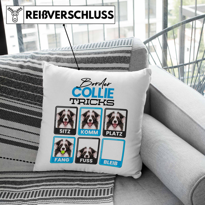 Border Collies Besitzer Kissen mit Füllung 40x40 Geschenk Lustiger Spruch Geschenkidee Border Collies Tricks Bleib (Grau) Rosa Trendation