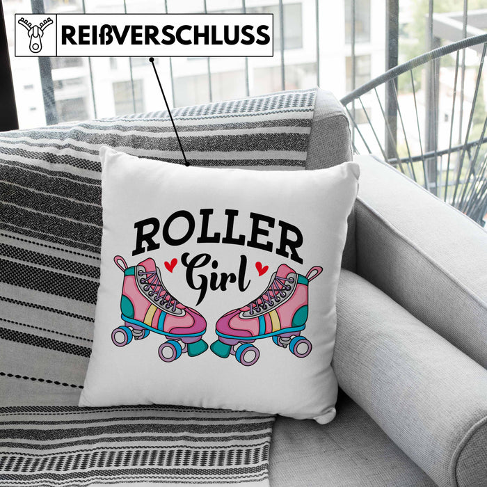 Rollschuh Kissen mit Füllung 40x40 Geschenk für Roller Girls "Roller Girl" Nostalgie 80er 90er Jahre (Grau) Rosa Trendation
