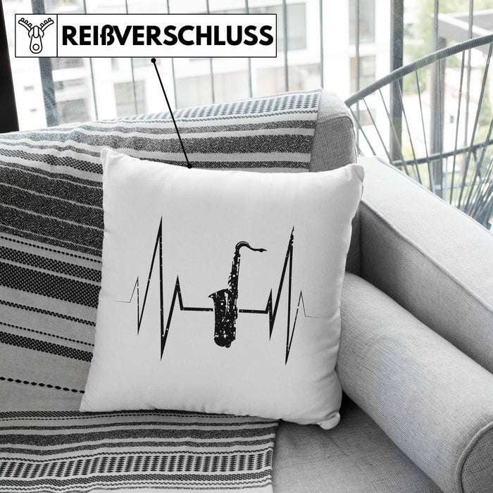 Saxophon Kissen mit Füllung 40x40 Geschenk Herzschlag Saxophonist Kaffee Geschenkidee Lustig (Grau) Rosa Trendation