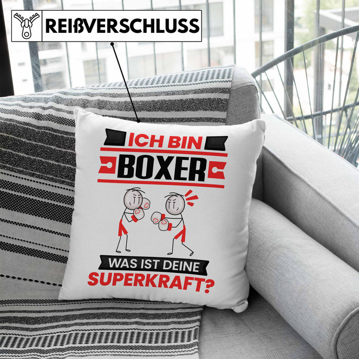 Boxer Kissen mit Füllung 40x40 Geschenk für Boxer Geburtstag Lustiger Spruch Was Ist Deine Superkraft (Grau) Blau Trendation
