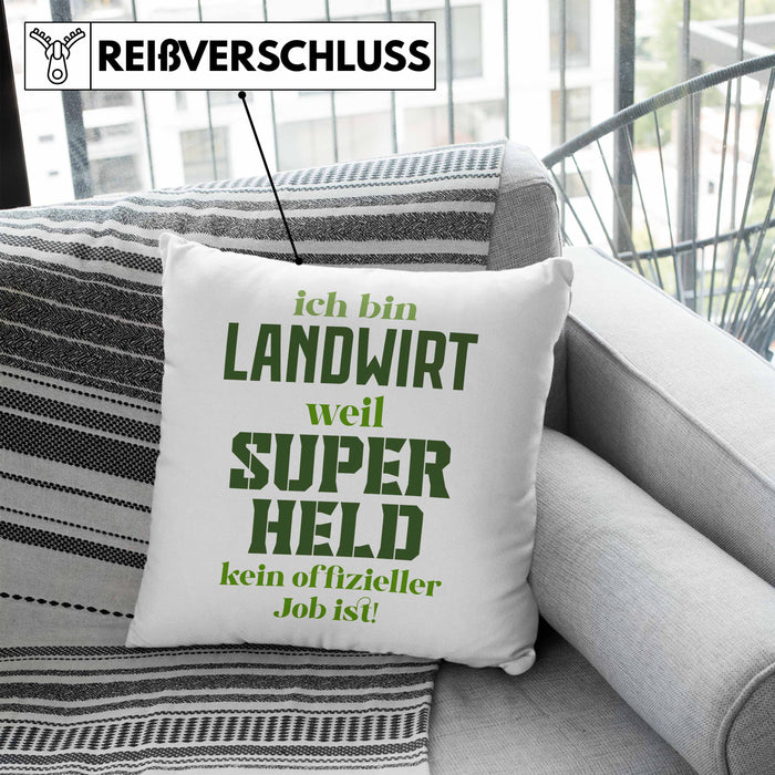 Landwirt Geschenk Kissen mit Füllung 40x40 Landwirtschaft Geschenke für Männer Traktor Spruch Superheld (Grau) Blau Trendation