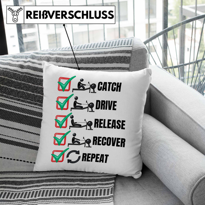 Rudern Kissen mit Füllung 40x40 Geschenk Ruderer Rudergerät Catch Drive Release Recover Repeat Ruder-Verein Geschenkidee (Grau) Blau Trendation