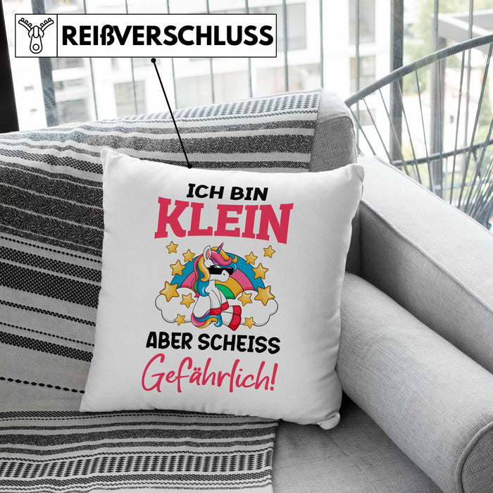 Klein Aber Sch Gefährlich Lustige Einhorn Kissen mit Füllung 40x40 mit Spruch Geschenkidee Einhornfans Sprüche Frauen (Grau) Grün Trendation
