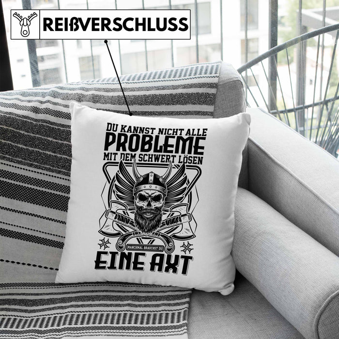 Wikinger Kissen mit Füllung 40x40 Geschenk Nicht alle Probleme Schwert Lösen Axt Mittelalter Kaffee-Kissen mit Füllung 40x40 (Grau) Blau Trendation
