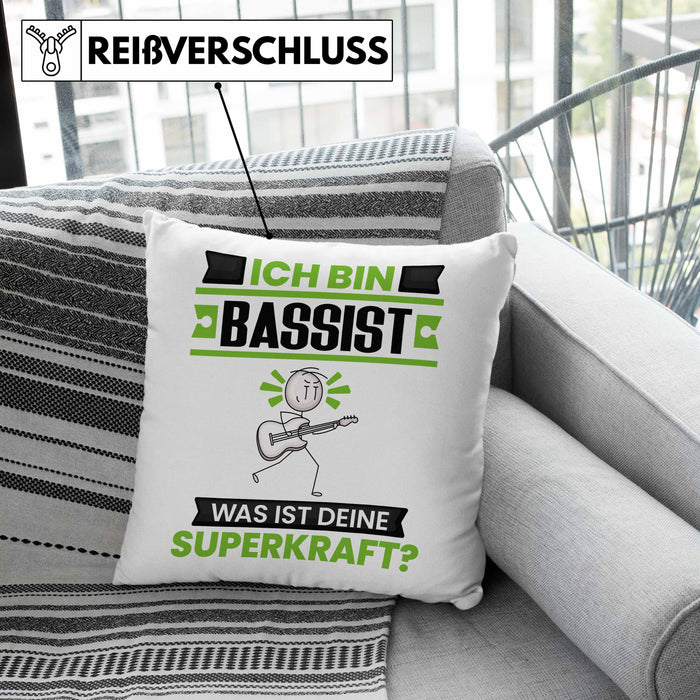 Bassist Kissen mit Füllung 40x40 Geschenk für Bassist Geburtstag Lustiger Spruch Was Ist Deine Superkraft (Grau) Grau Trendation
