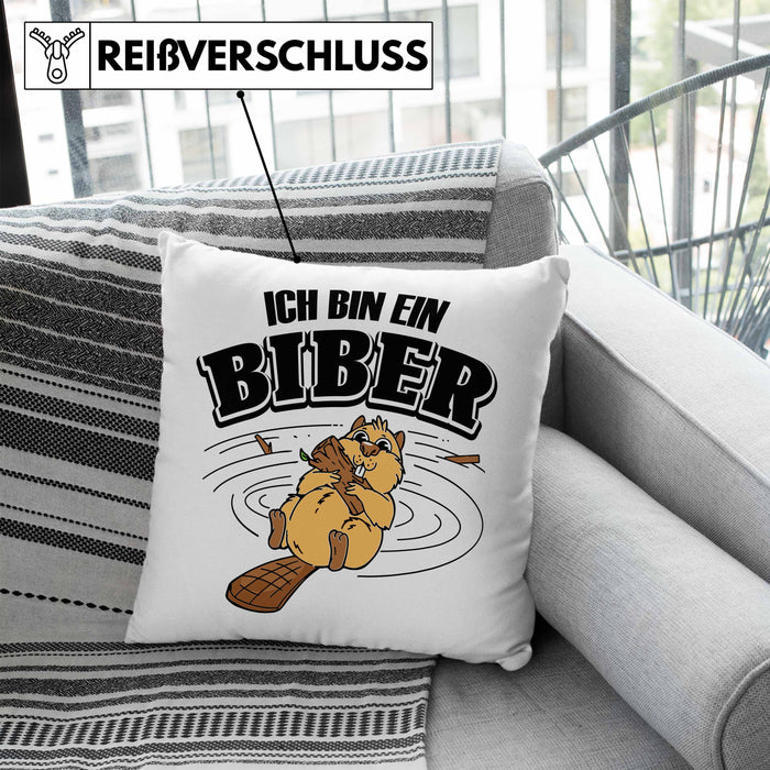 Bieber Kissen mit Füllung 40x40 Biebermotiv Geschenk Tierwohlhaber (Grau) Blau Trendation