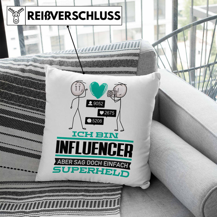 Influencer Geschenk Kissen mit Füllung 40x40 Ich Bin Influencer Aber Sag Doch Einfach Superheld Lustige Geschenkdiee für Influencer (Grau) Blau Trendation