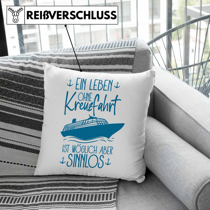 Kissen mit Füllung 40x40 Kreuzfahrt Lustiges Geschenk Kreuzfahrt-Fans Schiffsmotiv Spruch (Grau) Blau Trendation