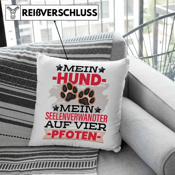Hundebesitzer Kissen mit Füllung 40x40 Geschenk Hunde Mein Seelenverwandter Auf 4 Pfoten Geschenkidee Hunde Mama Frauchen Herrchen (Grau) Blau Trendation
