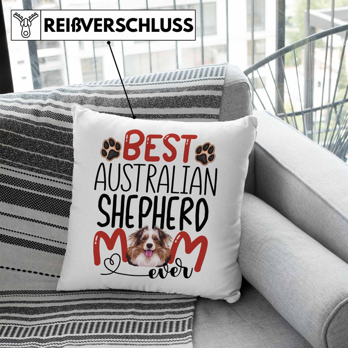 Australian Shepherd Mom Besitzerin Kissen mit Füllung 40x40 Geschenk Lustiger Spruch Geschenkidee Besitzerin Australian Shepherd Mama (Grau) Blau Trendation