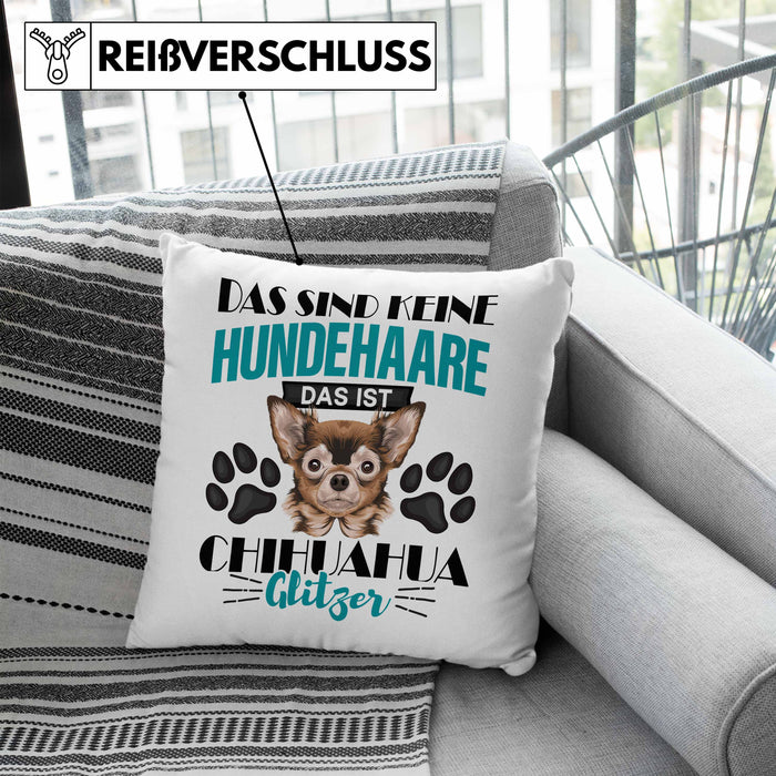 Chihuhahua Besitzer Kissen mit Füllung 40x40 Geschenk Das Ist Chihuhahua Glitzer Hundehaare Geschenkidee Frauchen Herrchen (Grau) Blau Trendation