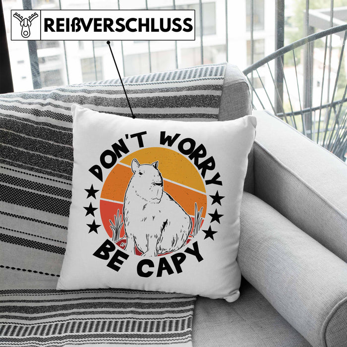 Don't Worry Be Capy Kissen mit Füllung 40x40 Capybara Tier Geschenk für Capybara Liebhaber (Grau) Blau Trendation