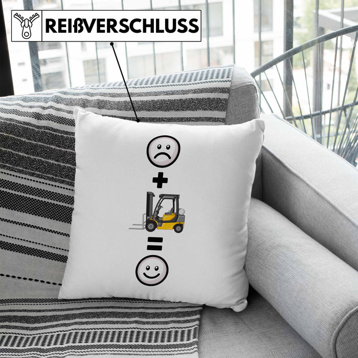 Gabelstapler Kissen mit Füllung 40x40 Geschenk für Lagerist Lagerarbeiter Lustige Geschenkidee :( + Gabelstapler = :) (Grau) Blau Trendation