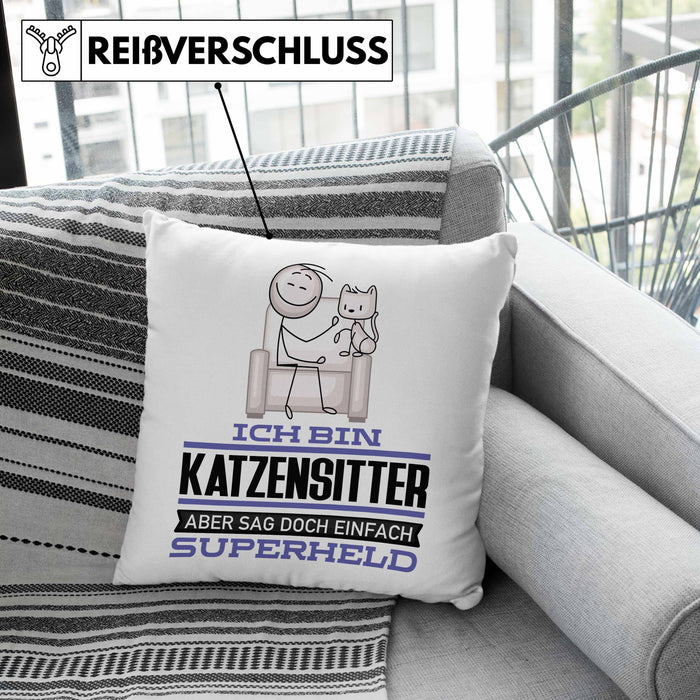 Katzensitter Geschenk Kissen mit Füllung 40x40 Ich Bin Katzensitter Aber Sag Doch Einfach Superheld Lustige Geschenkdiee für Katzensitter (Grau) Rosa Trendation