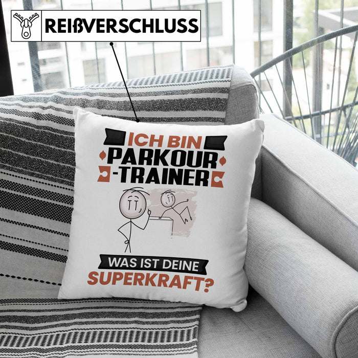 Parkour-Trainer Kissen mit Füllung 40x40 Geschenk für Parkour-Trainer Geburtstag Lustiger Spruch Was Ist Deine Superkraft (Grau) Grau Trendation