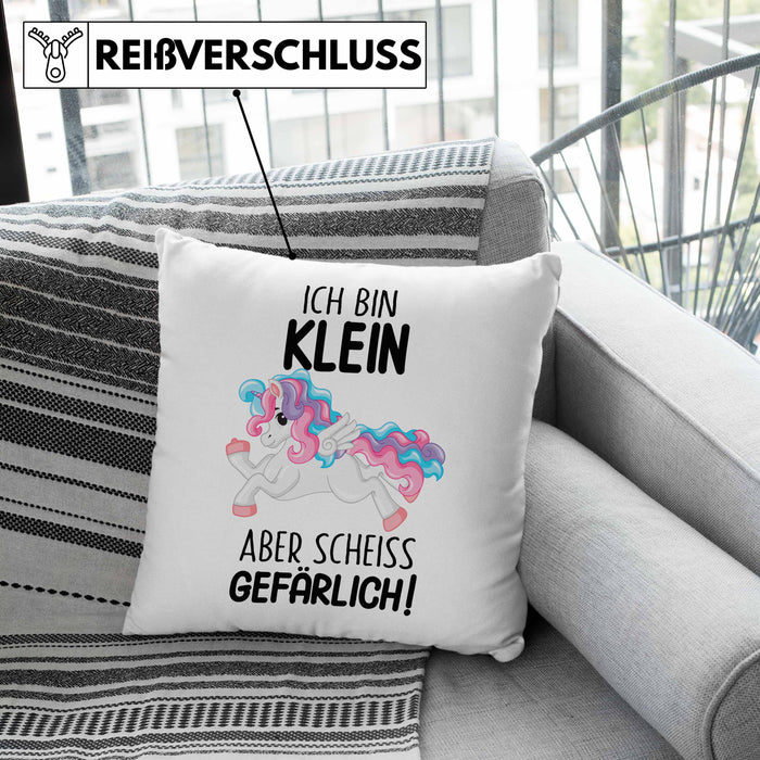 Lustige Ich Bin Klein Aber Gefährlich Kissen mit Füllung 40x40 Mit Spruch Einhorn Geschenk Mama Freundin Kollegin Geschenkidee Arbeit Frauen (Grau) Rosa Trendation
