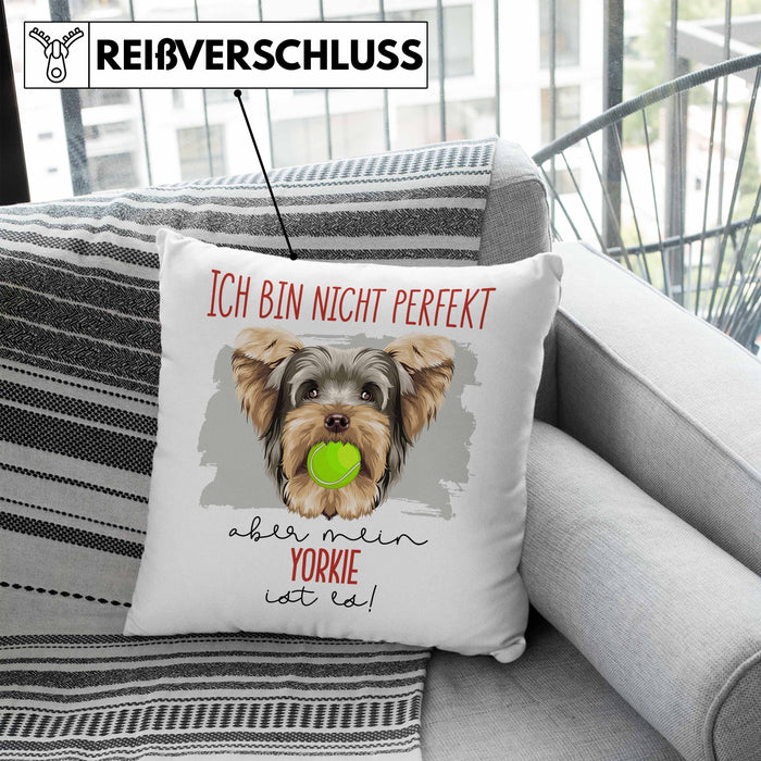 Yorkie Besitzer Kissen mit Füllung 40x40 Geschenk Lustiger Spruch Geschenkidee Besitzerin Ich Bin Nicht toll Aber Mein Yorkie Ist Es (Grau) Blau Trendation