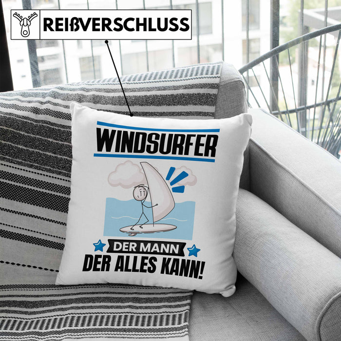 Windsurfer Kissen mit Füllung 40x40 Geschenk für Windsurfer Der Mann Der Alles Kann Geschenkidee zum Geburtstag (Grau) Blau Trendation